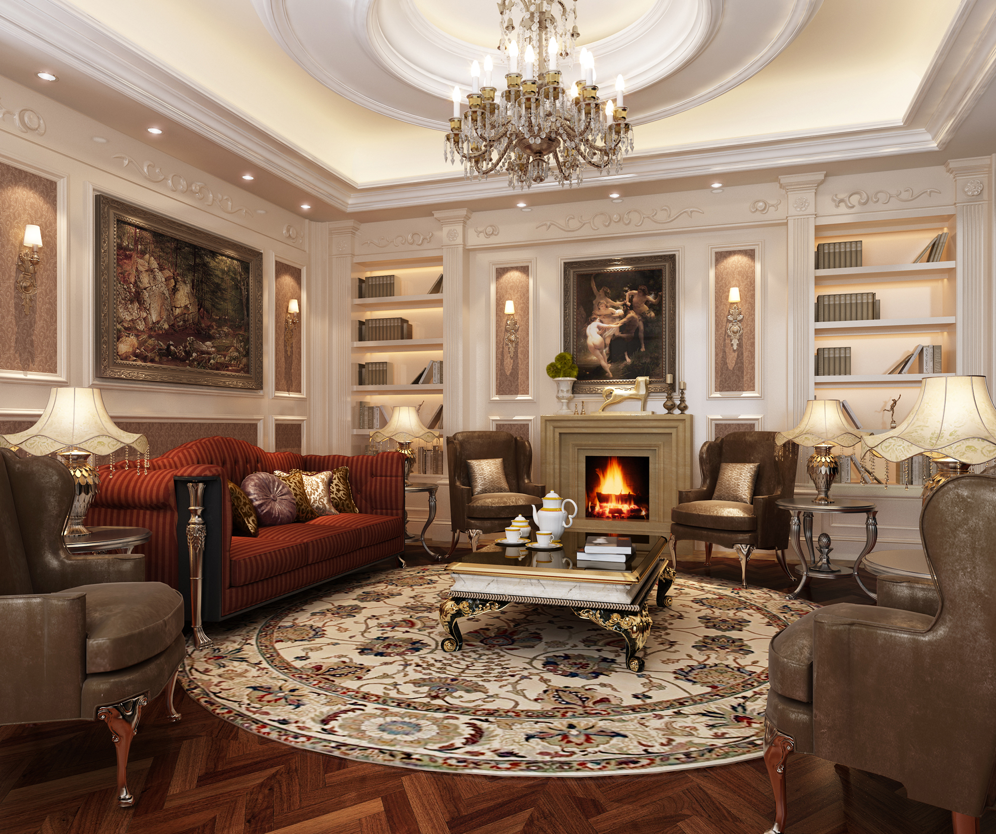 Красная и коричневая мебель в классическом стиле в гостиной