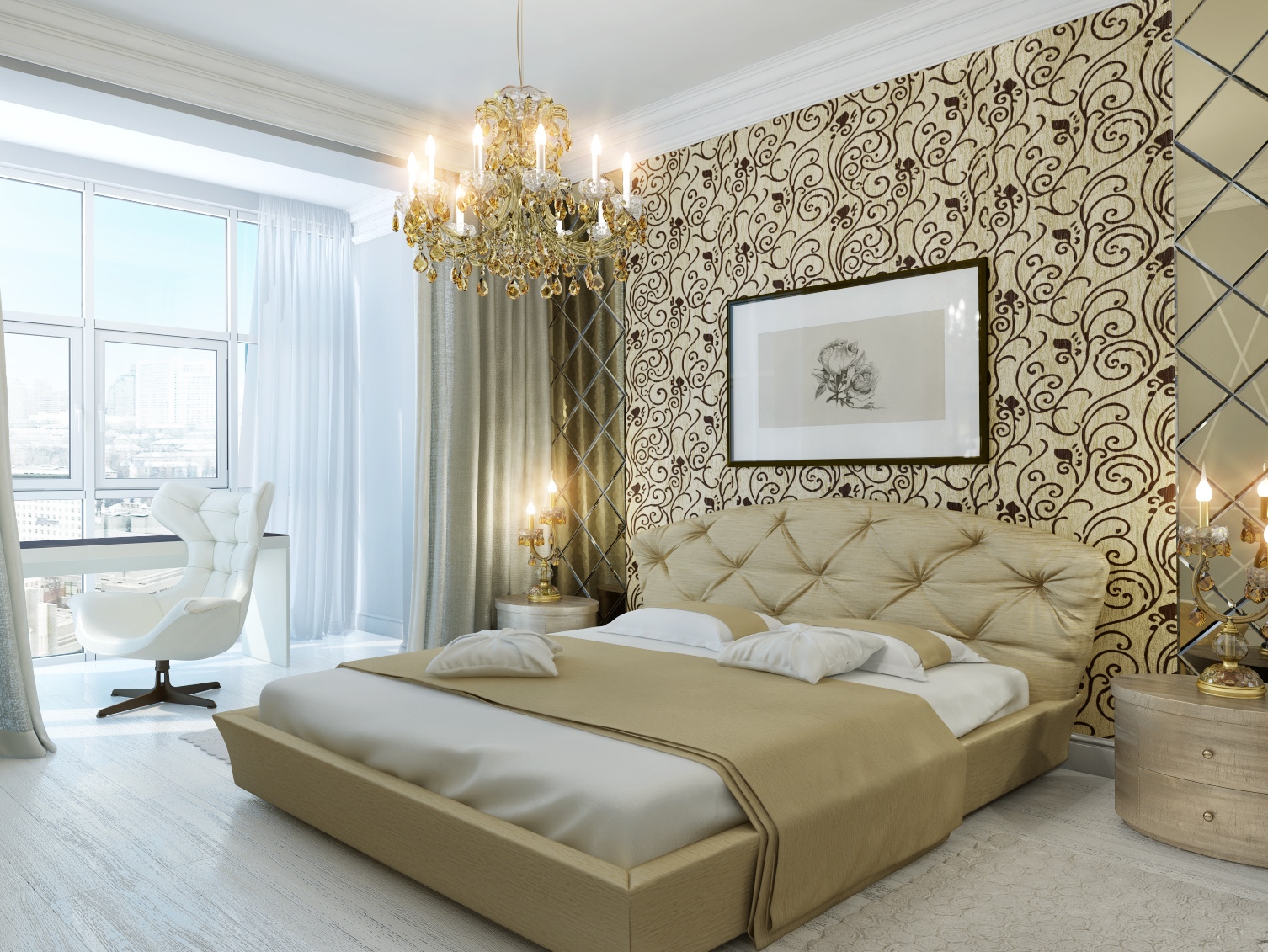 Оливково-белая классическая спальня