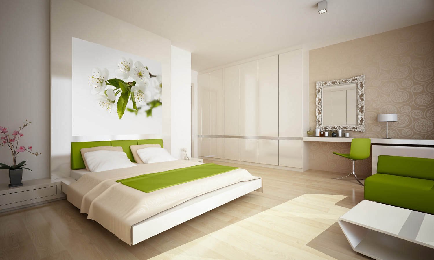 Зелено-белые фотообои с цветами в интерьере спальни