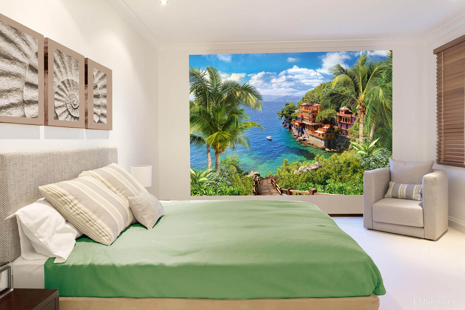 Фотообои с тропическим видом в спальне