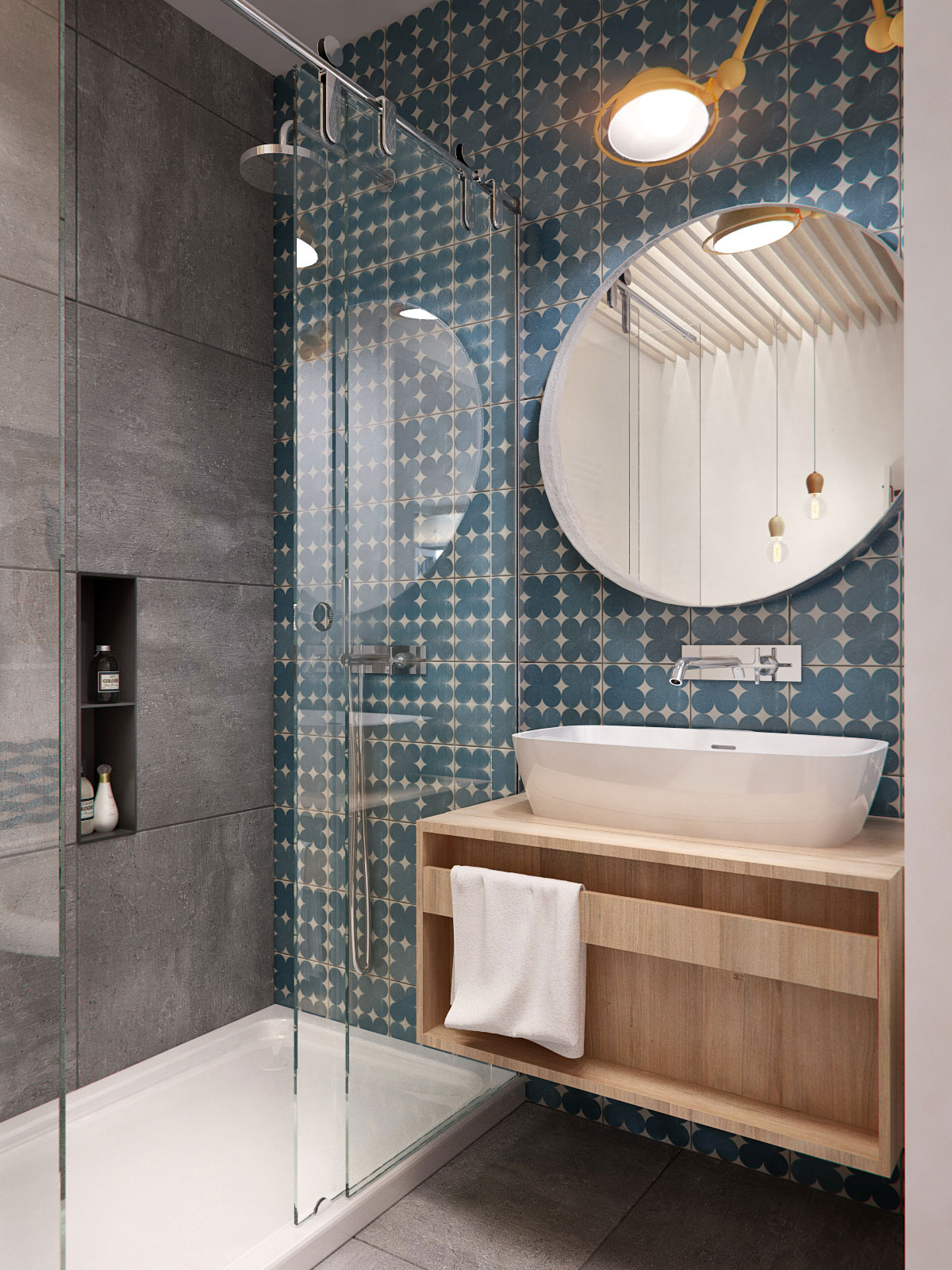 Серая и сине-белая плитка в дизайне стен ванной