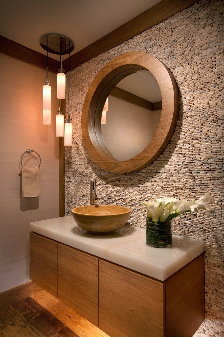 Коричневый декоративный камень в дизайне ванной комнаты