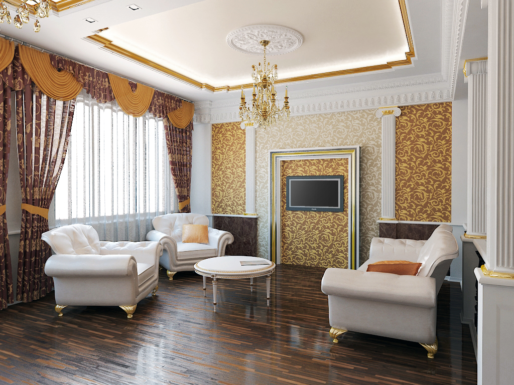 Бело-золотистый потолок из гипсокартона в гостиной