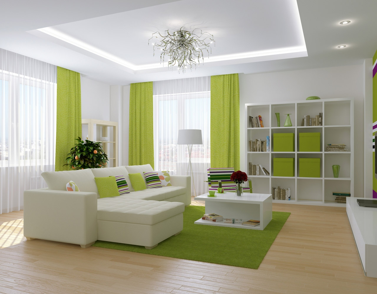 Белый потолок из гипсокартона с подсветкой в бело-зеленой гостиной