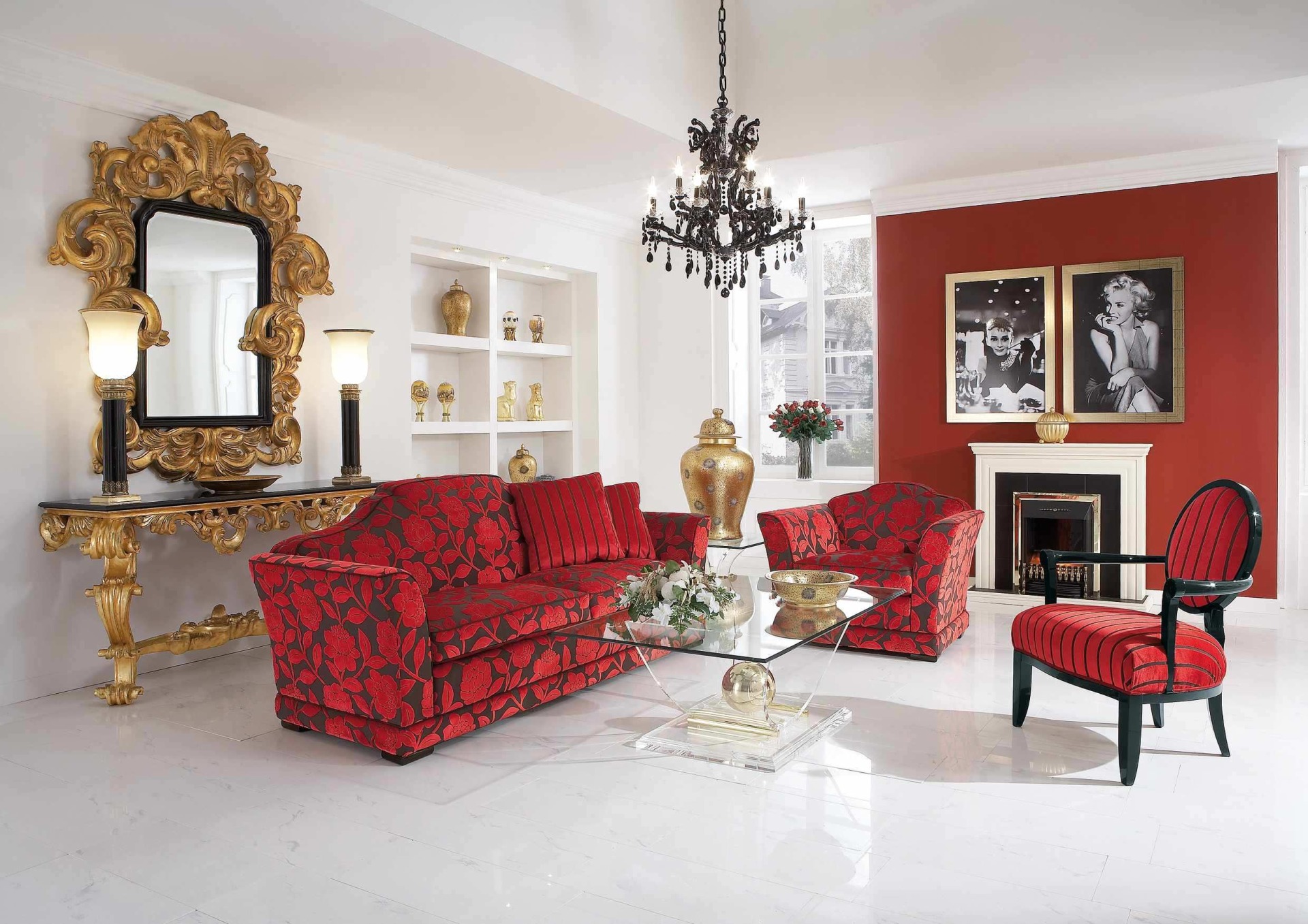 Красная мебель в гостиной в стиле арт-деко