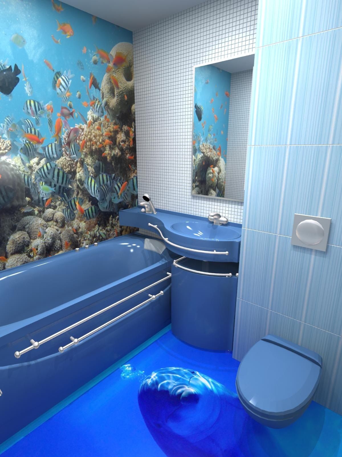 Синяя плитка в полоску в ванной