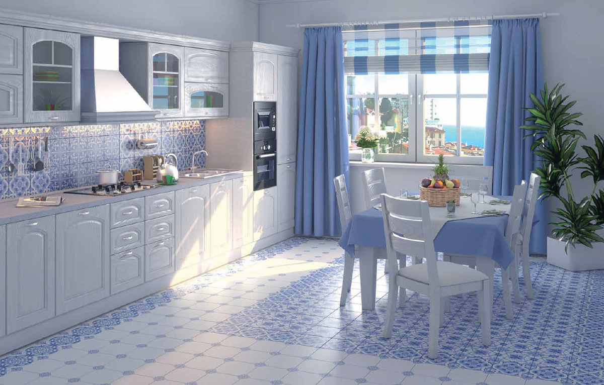 Синяя плитка с рисунком на кухне
