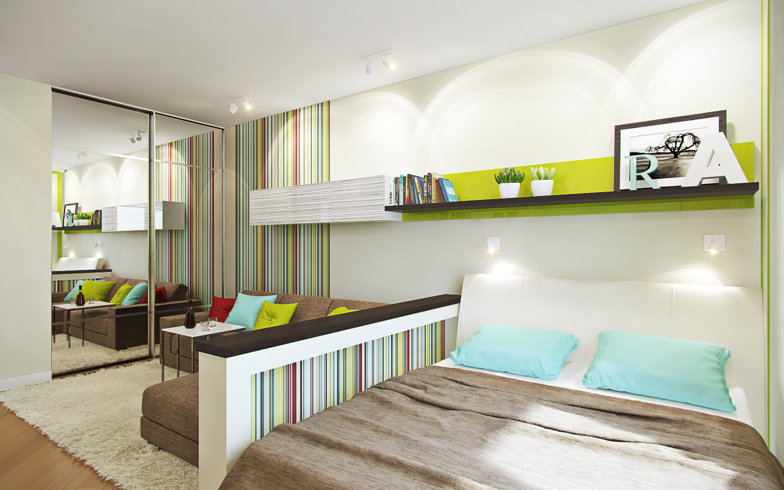 Спальня в однокомнатной квартире в ярком дизайне
