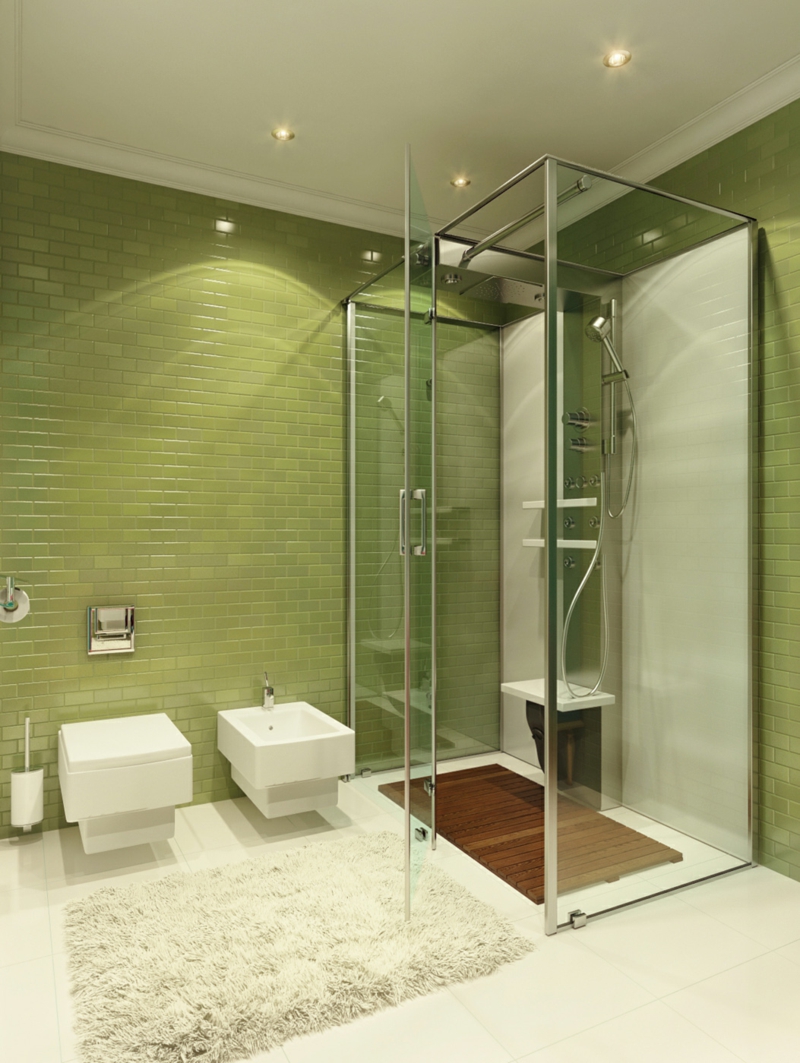 Ванная комната с душевой кабиной зеленая