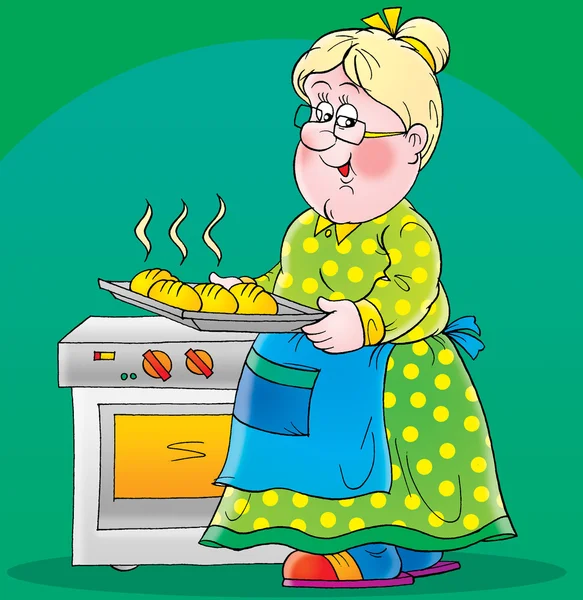 Счастливый бабушка подносом горячий хлеб — стоковое фото
