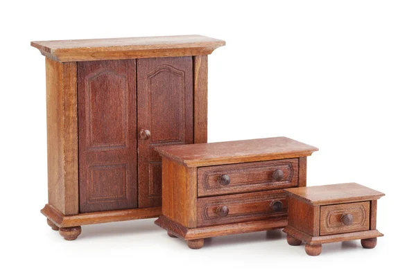 Кукла набор деревянной мебели: шкаф, комод и ночи — стоковое фото