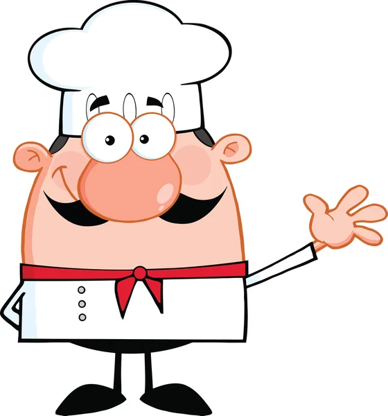 Милый маленький шеф-повар мультипликационный персонаж, размахивая для приветствия — стоковое фото