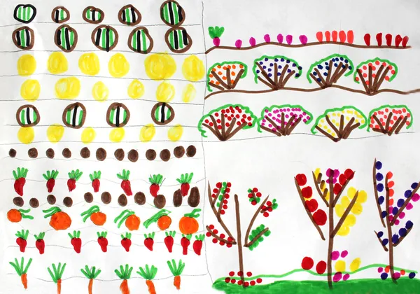 Детский рисунок с много овощей и фруктов — стоковое фото