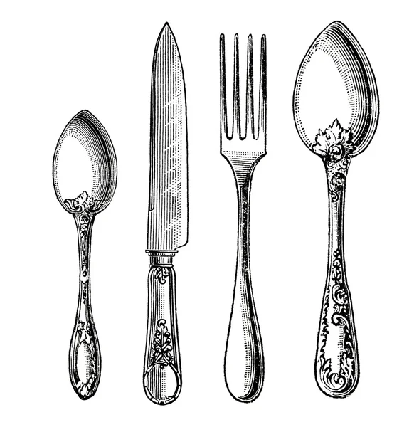 Винтаж серебро нож, вилка и ложка — стоковое фото