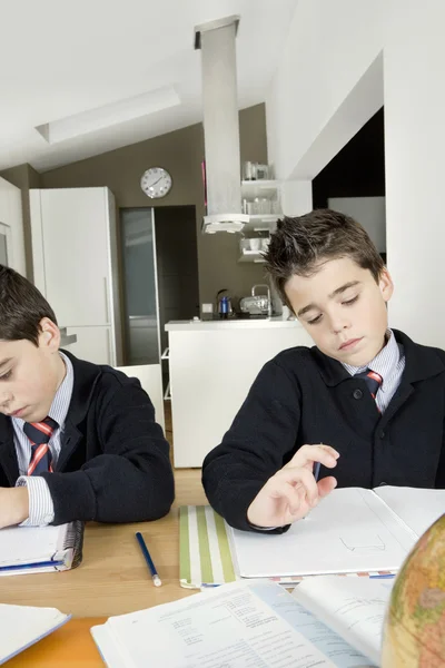 Две идентичные близнецы братья делают домашнее задание на кухонном столе — стоковое фото