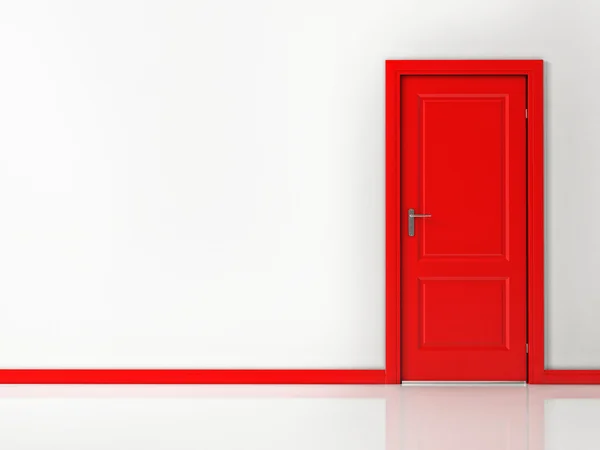 Красная дверь на белой стене, Светоотражающий пол — стоковое фото