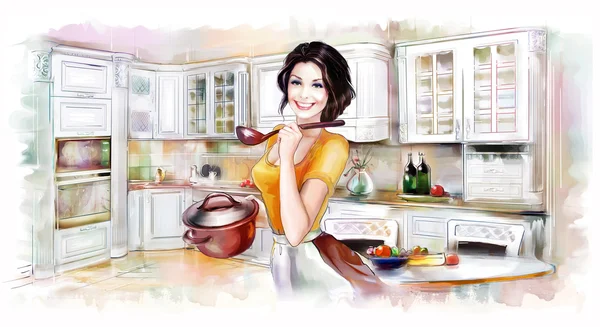 Красивая женщина, приготовление пищи на кухне — стоковое фото