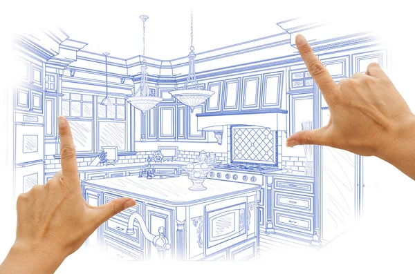 Руки, обрамление синий пользовательские кухня дизайн рисунка — стоковое фото