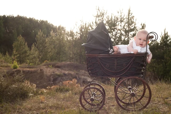 Ребенок в коляске с закатом — стоковое фото