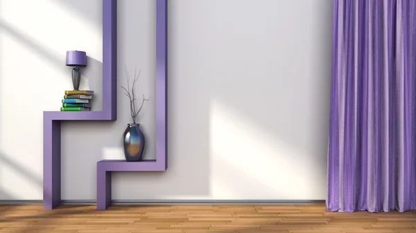 Комната с фиолетовыми занавесками и полка с лампой. 3-я иллюстрация — стоковое фото