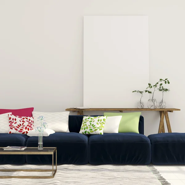 Синий диван и деревянная консоль с помощью canvas — стоковое фото