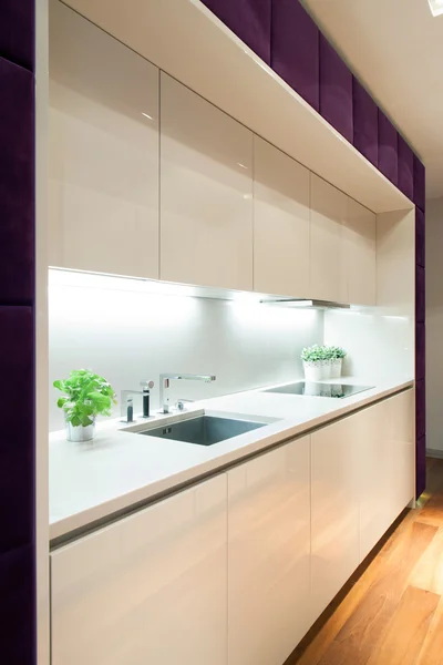 Белая кухня с фиолетовыми элементами — стоковое фото