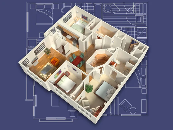 3D меблированный дом интерьер — стоковое фото