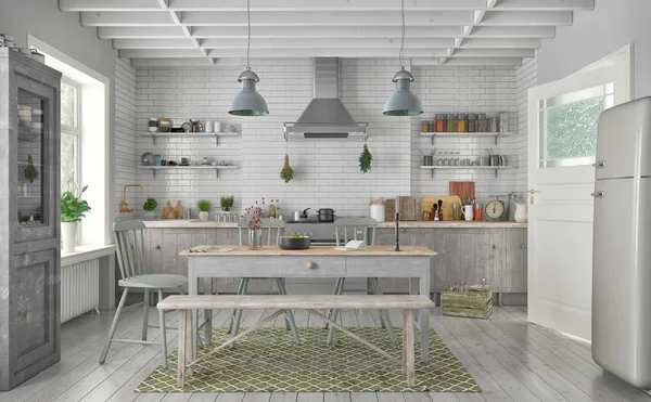 3D визуализация скандинавский Квартира - кухня - столовая — стоковое фото