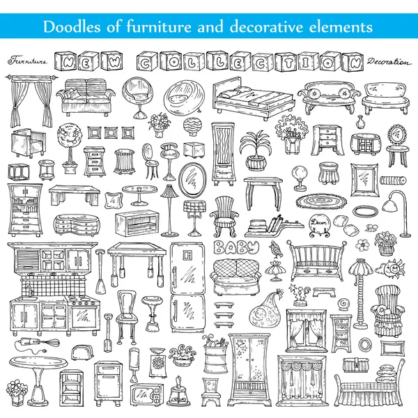 Векторный набор с рисунками мебель и декоративные элементы — стоковый вектор