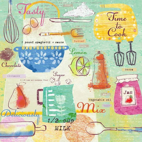Бесшовный фон с кухня items.stylish дизайн элементы: вилка, ложка, миска, микшер, лимон, нож и others.food фон — стоковое фото