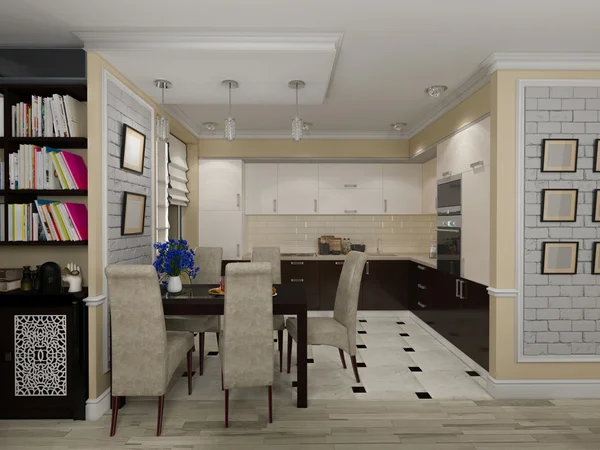 3D иллюстрации гостиной и кухни в стиле eclectici — стоковое фото