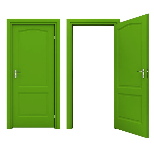 Откройте зеленую дверь, изолированную на белом фоне — стоковое фото