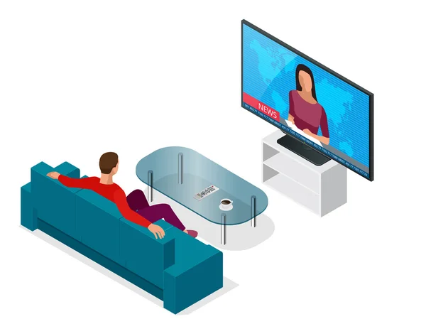 Young man seated on the couch watching tv, changing channels. Flat 3d vector isometric illustration. — стоковый вектор