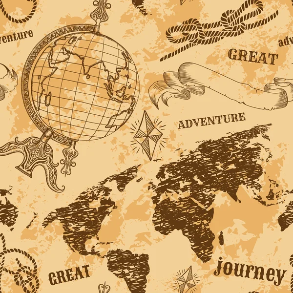 Seamless pattern with vintage globe, abstract world map, rope knots, ribbon. Retro hand drawn vector illustration "Great adventure" in sketch style with grunge background old paper — стоковый вектор