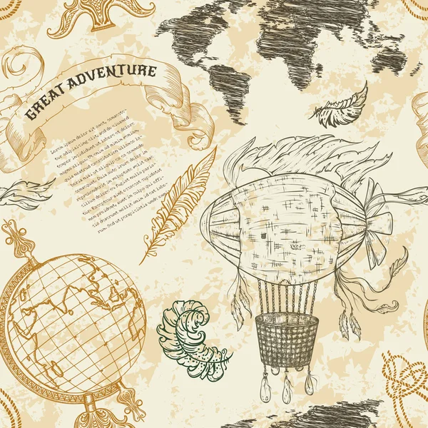 Бесшовный фон с Старинный глобус, абстрактный мир карта, дирижабль, сучки веревки, ленты. Ретро руки drawn векторные иллюстрации «Большое приключение» в стиле гранж фон старая бумага эскиз — стоковый вектор