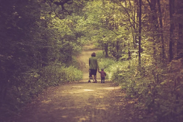 Старинные фото матери с прогулочной коляски и ребенок, идя по пути лес лето — стоковое фото