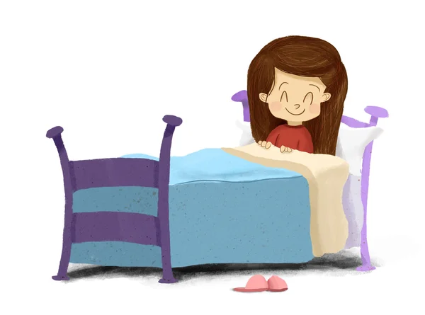 Девушка, лежа в постели, улыбаясь готов спать — стоковое фото