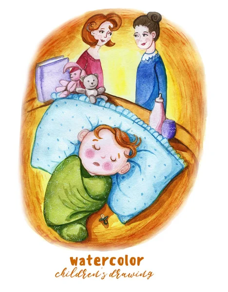 Акварель Детский Рисунок Ребенка Пеленки Спать Большую Подушку Рядом Соском — стоковое фото