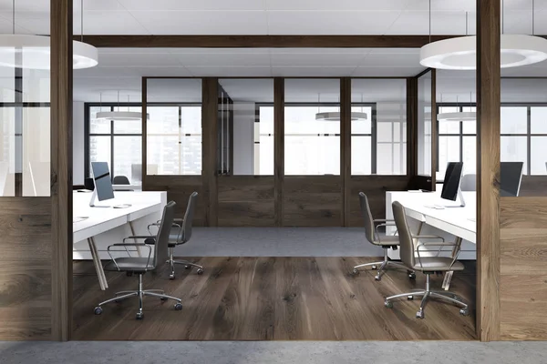 Белый открытое пространство офиса, темные деревянные двери — стоковое фото