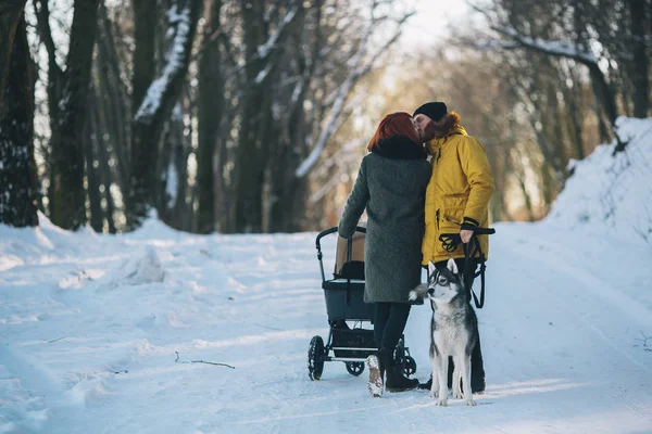 Семья прогулки с коляской в зимний период — стоковое фото