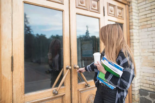 Girl Student Casual Clothing Books Notebooks His Hands Opens Door — стоковое фото