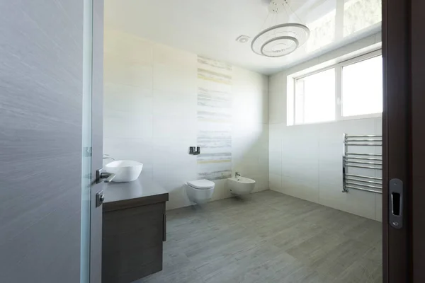 Interior Modern Grey Bathroom Toilet Bidet View Door — стоковое фото