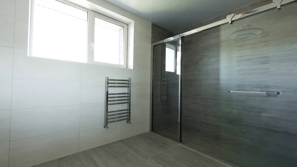 Interior Empty Bathroom Glass Shower Grey Color — стоковое фото