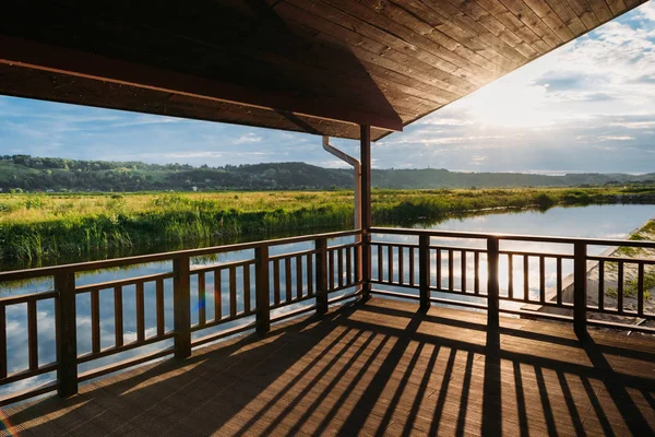 View Scenic Sunset River Wooden Terrace — стоковое фото