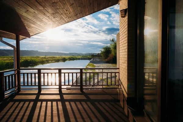 Scenic View Beautiful Sunset River Wooden Terrace — стоковое фото