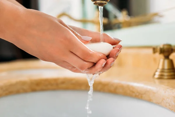 Close Partial View Woman Washing Hands Soap Bathroom — стоковое фото