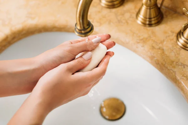 Cropped Shot Woman Washing Hands Soap Bathroom — стоковое фото