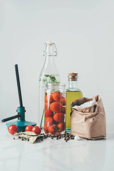 Ingredients Preparing Preserved Tomatoes Kitchen Table — стоковое фото