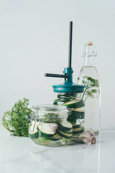 Glass Jars Bottle Zucchini Dill Preserving Kitchen Table — стоковое фото