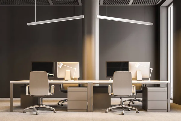 Modern Consulting Company Office Interior Brown Walls Columns Computer Desks — стоковое фото